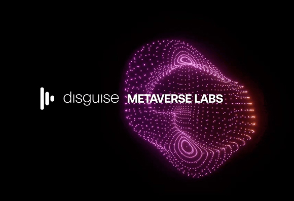 Disguise Metaverse Labs logo with a glowing pink and orange particle mesh shape on a black background.