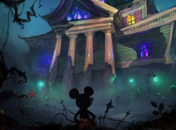 Silhouette of a mouse-eared character facing a large, glowing, haunted mansion at night.