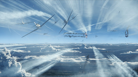 Multiple fighter planes flying through a sky filled with thick white contrails and clouds.