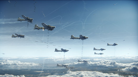 Multiple military aircraft flying in formation above a thick layer of white clouds under a blue sky.
