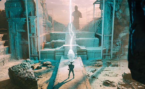 A person stands on a stone path facing a giant statue as a bolt of lightning strikes the stairs.