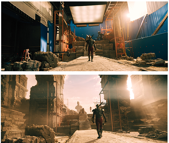 Top: film set with lighting and scaffolding. Bottom: cinematic shot of a character in a desert landscape.