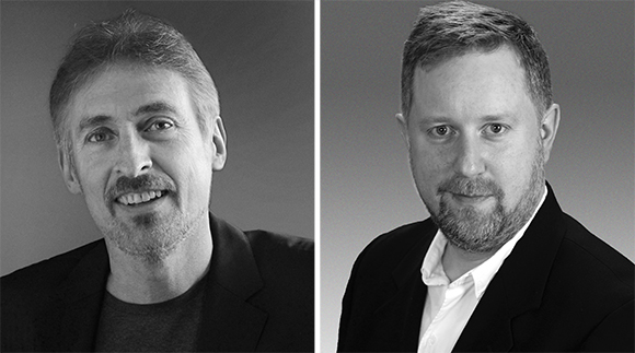 Two black and white headshot portraits of men side by side.