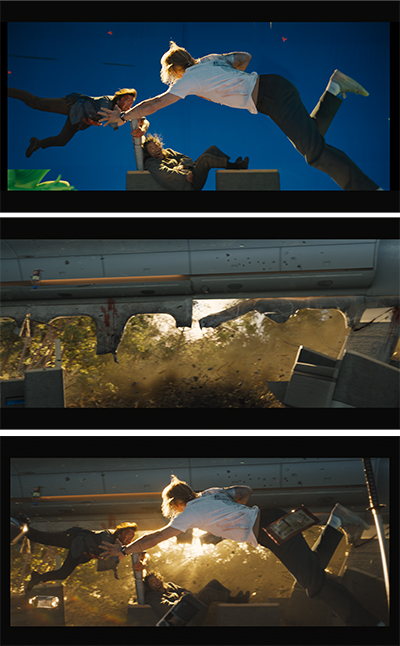 Three film stills showing people falling, an explosion, and a person lunging toward another.