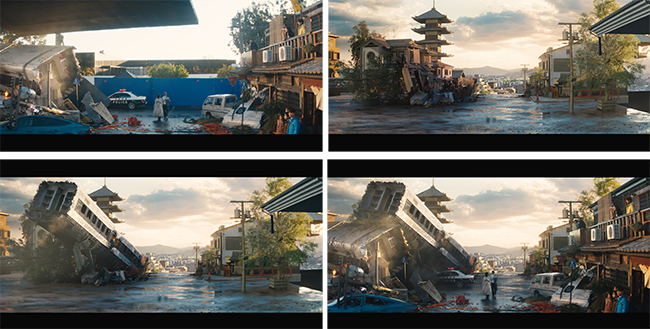Cinematic views of a disaster-stricken street with overturned cars, debris, and damaged buildings under a sunset sky.