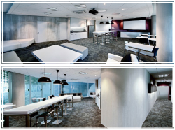 Two wide shots of a modern office lounge with white tables, grey carpeting, and minimalist furniture.