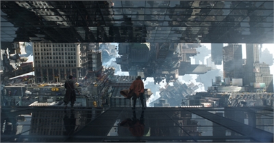A person stands on a dark reflective platform overlooking a city with a mirrored sky above.