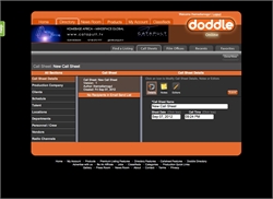 Screenshot of the Doddle website displaying a Call Sheet details page with various menu options and data fields.