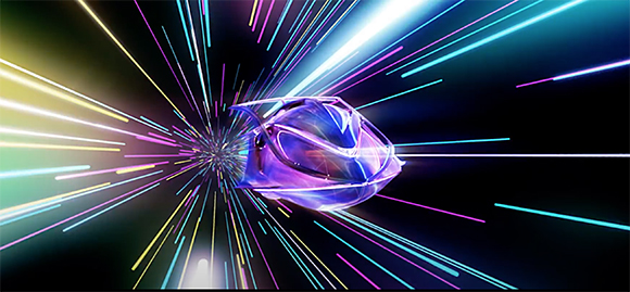 A purple iridescent object moving through a dark space filled with streaks of multicolored light.