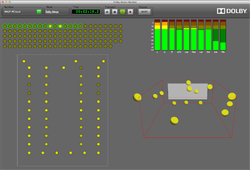 Dolby audio software interface showing speaker layouts and audio level meters.