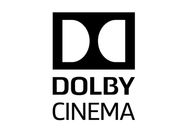 Black and white Dolby Cinema logo featuring a rectangular icon with two curved shapes and text below.