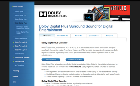 Dolby Digital Plus website showing product overview, features, and a graphic of digital devices with Netflix logo.