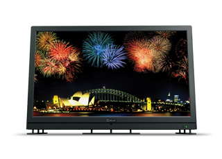A black digital screen showing colorful fireworks exploding over a lit city skyline and bridge at night.
