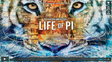 A collage of various scenes forming the face of a tiger with the title Life of Pi.
