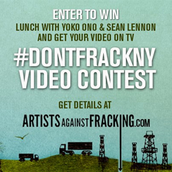 Text overlay on a landscape with oil rigs: Enter to win lunch with Yoko Ono & Sean Lennon and get your video on TV.