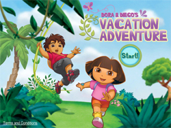 Animated Dora and Diego characters in a tropical jungle setting with a green Start button.