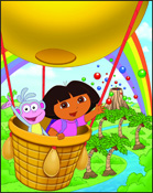Dora the Explorer and Boots the monkey riding in a yellow hot air balloon over a tropical landscape.