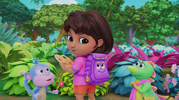 Animated girl with a purple backpack stands between a blue monkey and a green dinosaur in a jungle.