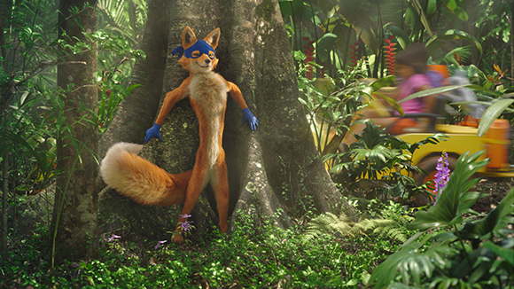An orange anthropomorphic fox wearing a blue mask leans against a large tree in a lush green jungle.