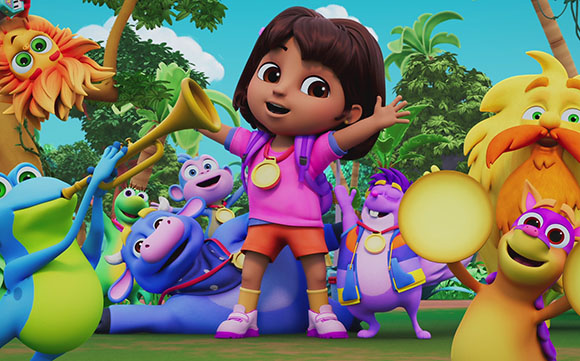 Animated Dora the Explorer wearing a gold medal, surrounded by colorful animal characters in a lush jungle.
