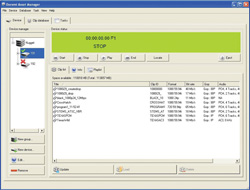 A software window displaying device manager, device status with a timer, and a clip database list.