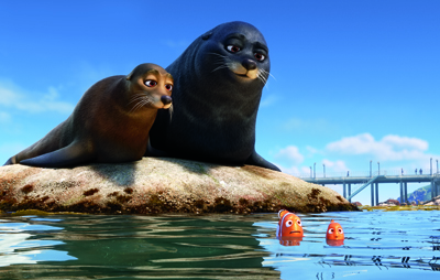 Two animated seals sit on a rock looking down at two small orange fish in the water.
