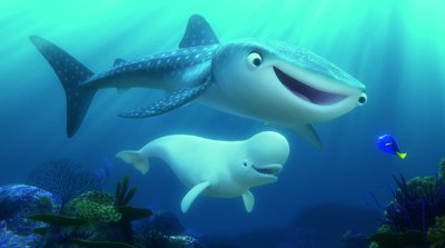 Animated whale shark and beluga whale swimming above a coral reef in blue water.
