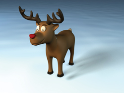 A 3D cartoon reindeer with large antlers and a red nose standing on a white, snowy ground.