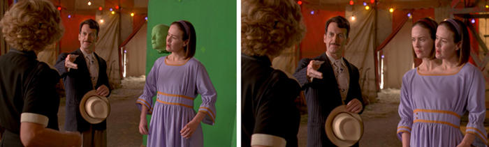 A man in a suit gestures toward two women in purple dresses on a film set with a green screen.