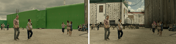 Comparison of a film set with a green screen versus the finished scene with realistic buildings and props.