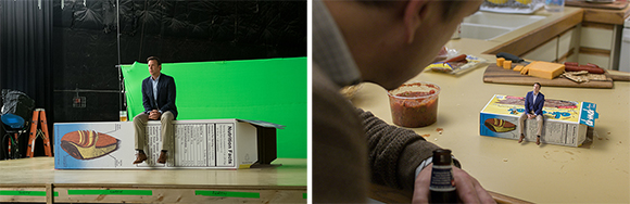 Split view of a man sitting on a large food box in a studio and a miniature man on a small food box on a kitchen counter.