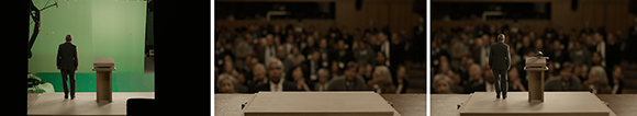 A man stands at a podium in front of a green screen, contrasted with a shot of him facing a large audience.