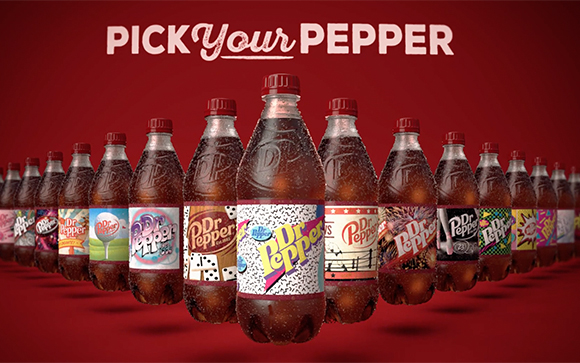 A lineup of Dr Pepper soda bottles featuring different colorful, patterned labels on a red background.