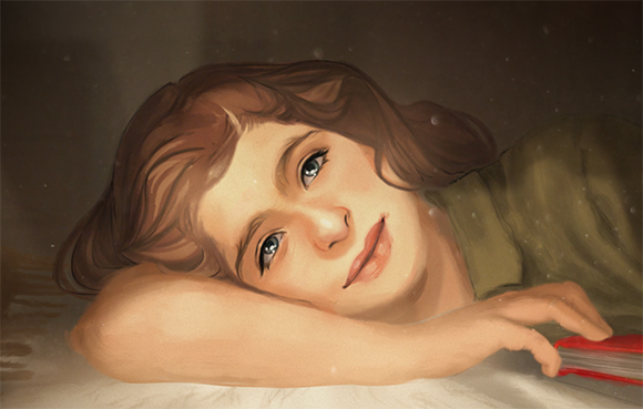 Digital painting of a person with brown hair resting their head on their arm and looking forward.
