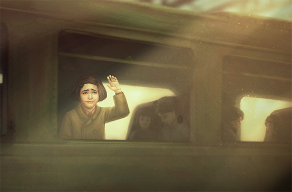 A young girl with a sad expression waves from a window of a moving train alongside other children.