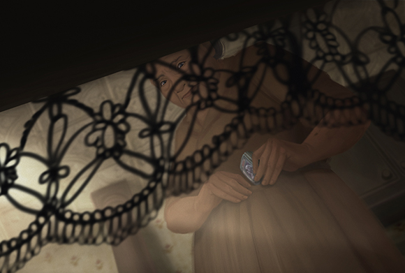 An elderly person peeks through a dark, patterned lace curtain.