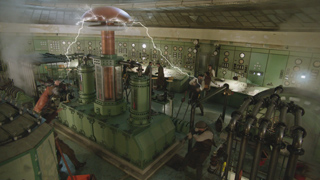 A large green industrial machine in a control room with electrical arcs striking a central dome.