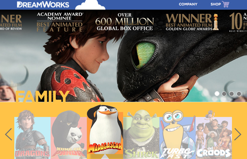 DreamWorks banner showing Hiccup and Toothless, with movie posters for Madagascar, Shrek, and The Croods below.