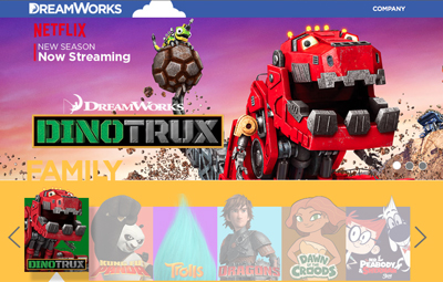 Promotional banner for DreamWorks Dinotrux featuring a large red mechanical dinosaur.