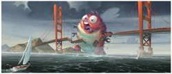 A large, red, wide-eyed monster breaks a suspension bridge over dark water near a sailboat.