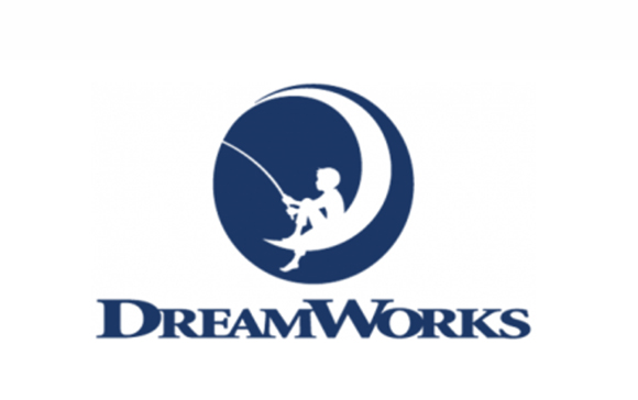 A boy sitting on a crescent moon fishing inside a dark blue circle above the word DreamWorks.