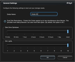 Drobo General Settings interface showing name field, redundancy checkbox, and sliders for spindown and lights.