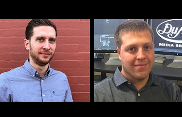 Two portraits of men: one in a blue shirt against a red wall, the other in a grey shirt in an office setting.