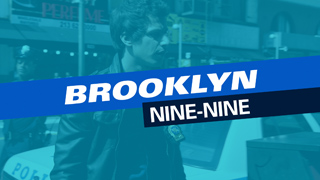 Blue-tinted graphic for Brooklyn Nine-Nine featuring a man in a police uniform in front of a city street.