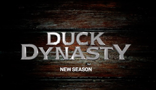 Duck Dynasty logo in silver text over a dark wood background with the words New Season below.