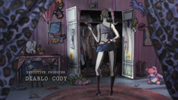 Animated woman in a blue top and shorts stands before an open wardrobe in a purple-toned room.