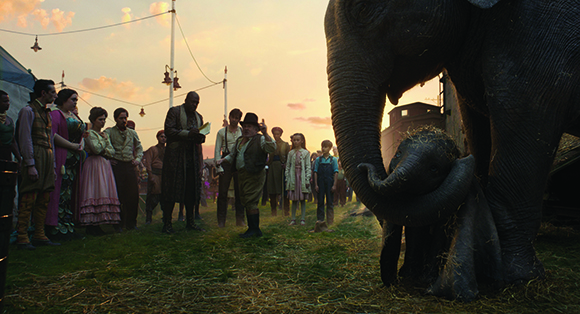 A crowd of people stands in a grassy field next to a large elephant and a small baby elephant at sunset.