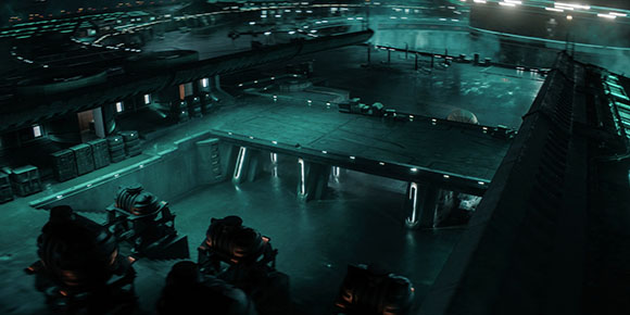 A dimly lit, multi-level futuristic industrial complex with teal glowing lights and metallic structures.