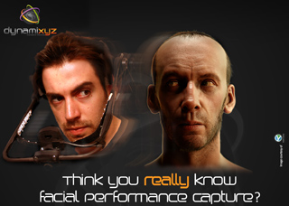 Side-by-side comparison of a man's real face and a highly detailed digital facial performance capture model.