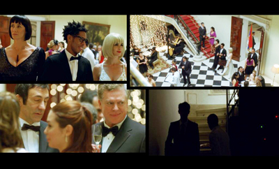 Collage of people in formal attire at a gala, including close-ups of guests and a wide shot of a grand staircase.